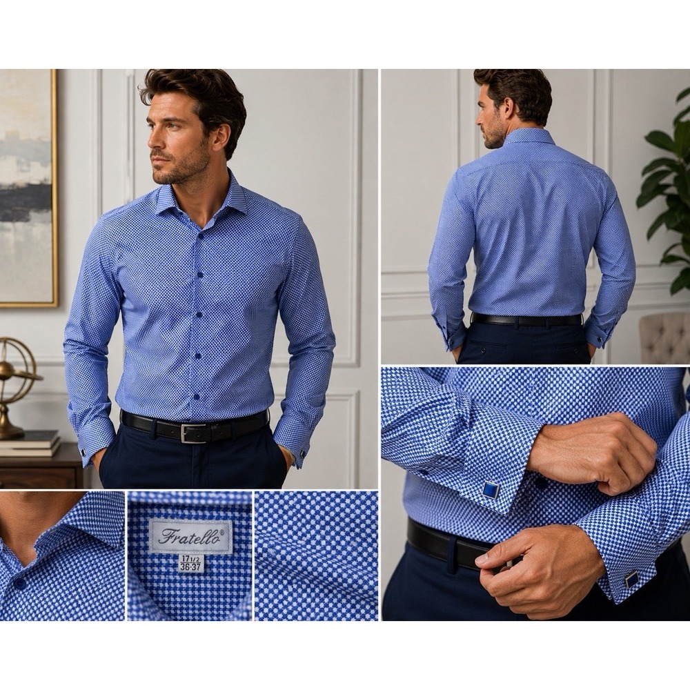 Fratello Blue White Check French Cuff Designer Dress Shirt 17.5 36/37 Formal